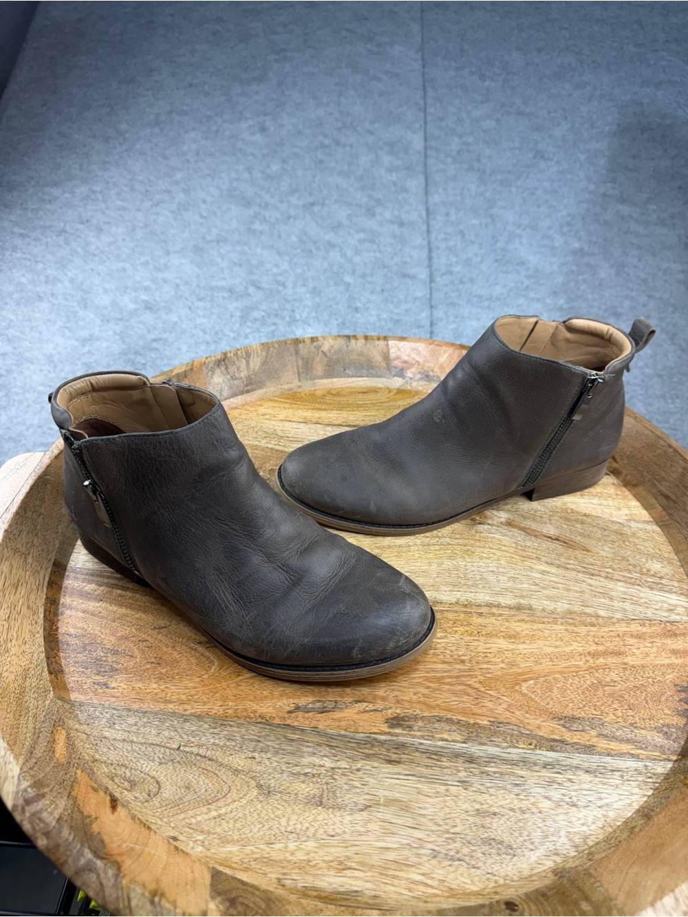 Franco Sarto Keegan Gray Leather Booties • Double Zip, Low Heel • 8